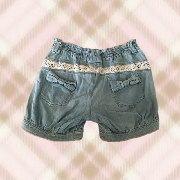 리본 레이스 데님 청 반바지 숏팬츠 라떼 히메 갸루 러블리 로걀 빈티지