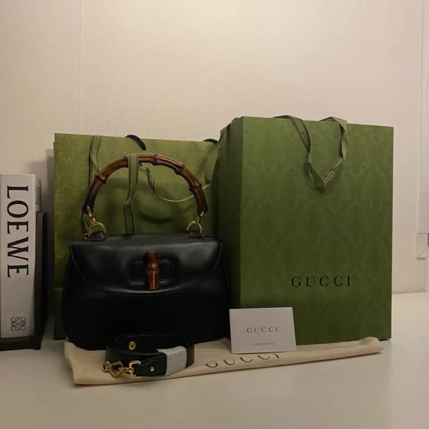 GUCCI / 빈티지 구찌 블랙 턴락 뱀부 탑 핸들백 / 투웨이백