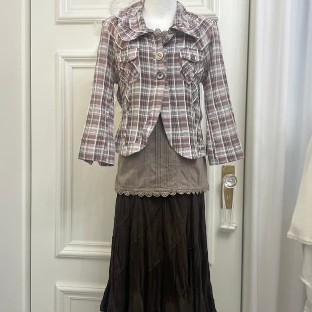 brown pink check cotton jacket&brown lac