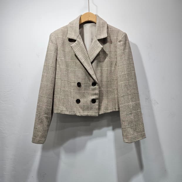 체크 크롭 더블 버튼 울혼방 자켓 