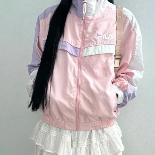 여S 휠라 헤리티지 배색 보라 핑크 바람막이 자켓 집업