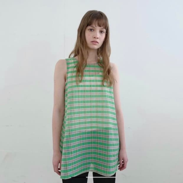 엔조블루스 시어 체크 슬리브리스탑(Green)