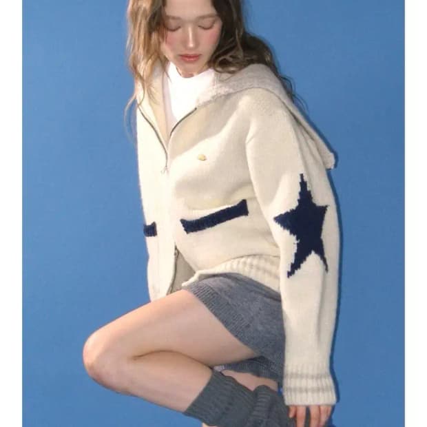 RONRON 론론 별 아이보리 후드 니트집업 60-62