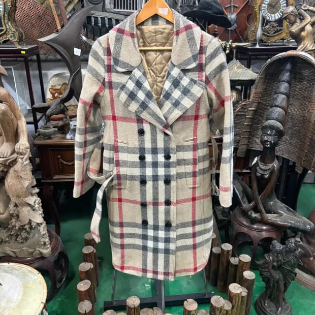체크 울  더블 버튼 롱 코트