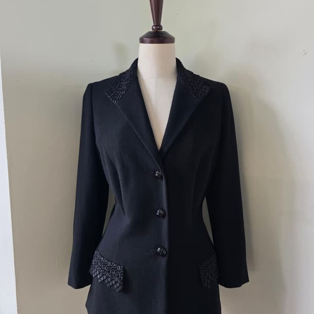 ESCADA 에스까다 블랙 레이스 포인트 울 자켓