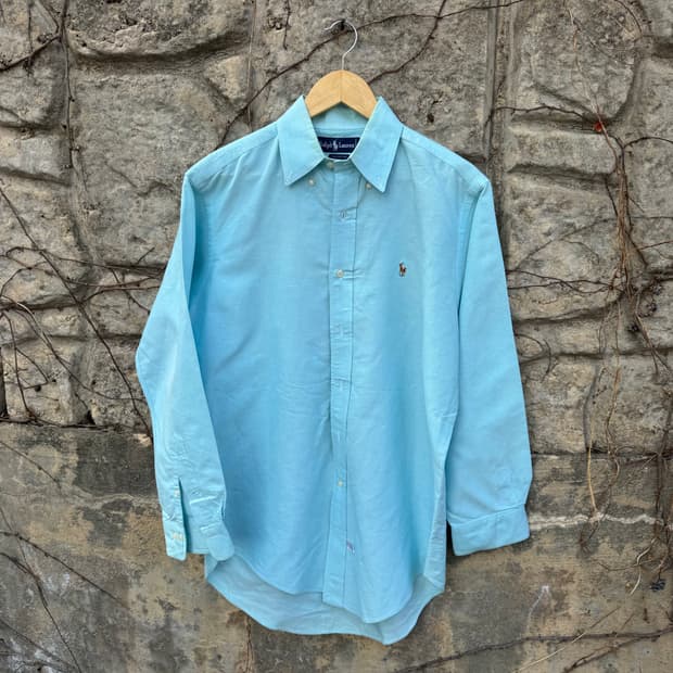 80~90s 폴로 랄프로렌 빈티지 빳빳한 코튼 셔츠 하늘색 105