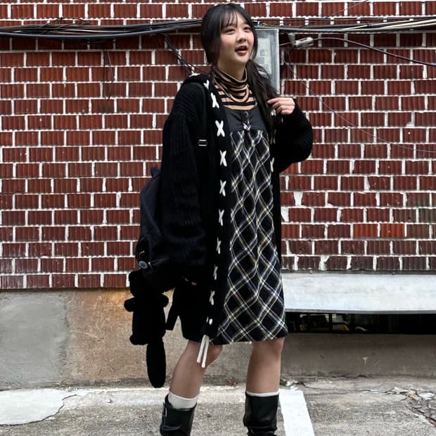 체크 원피스 롱 가디건 스트라이프 목폴라 코디세트