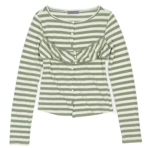 샵페어리 스트라이프 버튼 가디건 카키