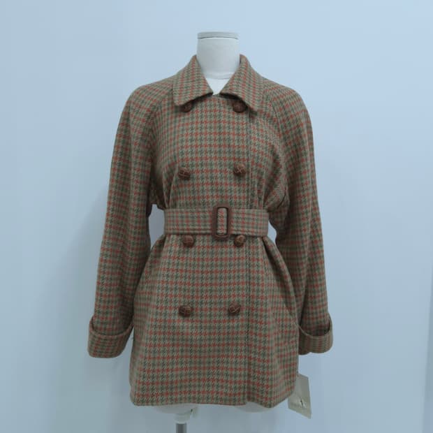 오렌지 카키 하운드투스 체크 벨티드 숏코트