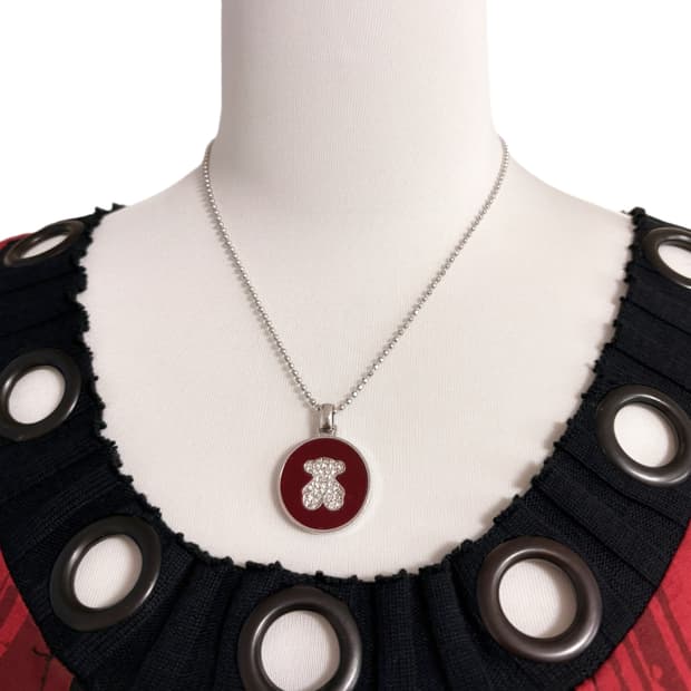 (이체시에눌) 일본 펑크 곰돌이 와인색상 포인트 큐빅 디테일 목걸이