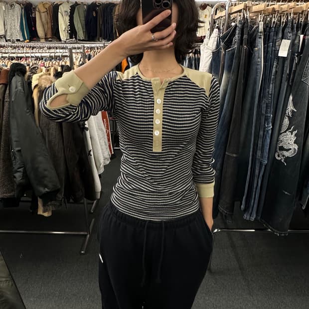 OS)일본 빈티지 스트라이프 헨리넥 롱슬리브