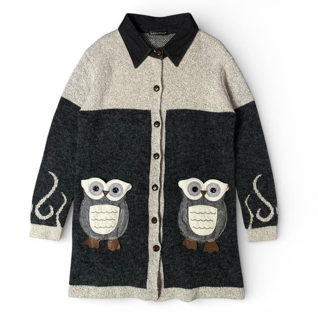 Lascolinas 그레이 블랙 올빼미 포켓 카라 가디건 M