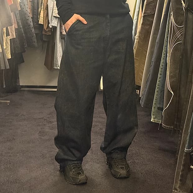 드로우 핏 벌룬 와이드 진한 남색 네이비 진청 생지 데님 커브드 31