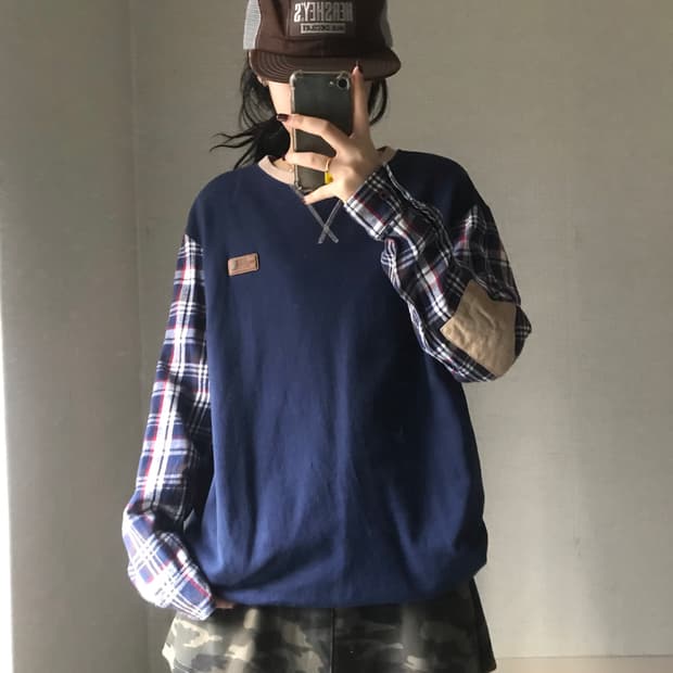 노페 체크디테일 맨투맨