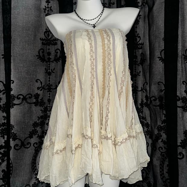 ivory lace stripe tube top dress