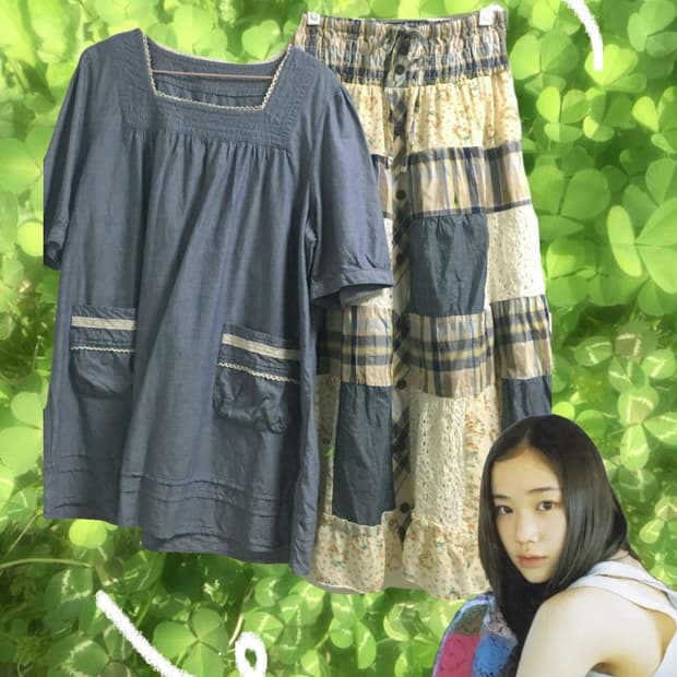 빈티지 하구미 모리걸 레이스 코디세트 스퀘어넥블라우스 패치워크스커트