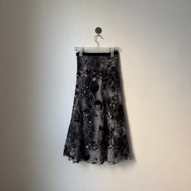 오리엔탈 페이즐리 벨벳포인트 무채색 롱스커트 치마 락시크 펑크