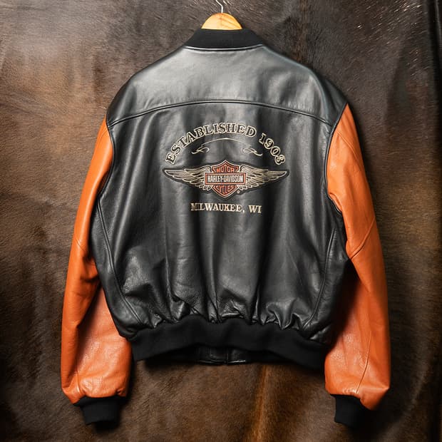 [XL] 90s 할리데이비슨 올레더 바시티 자켓 블랙+오렌지 