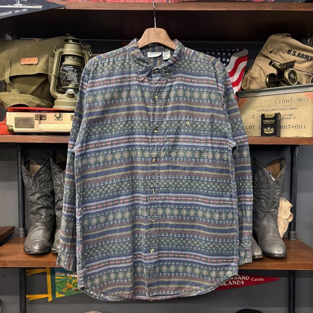 90s 스트릿씬즈 올오버 네이티브 아즈텍 패턴 코튼 캐주얼 셔츠 N579