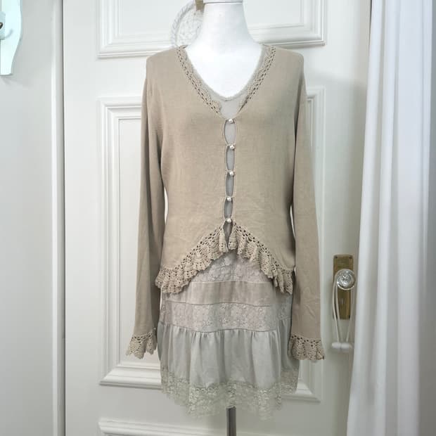 khaki crochet point pearl button cardiga