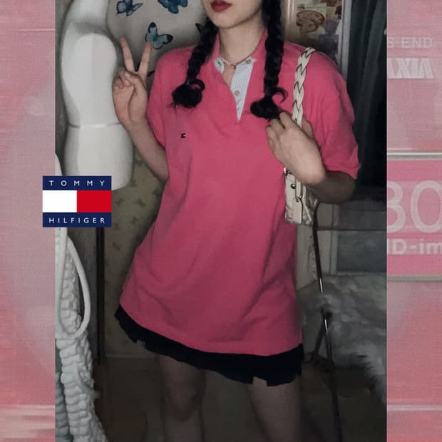 타미 핑크 오버핏 카라 티셔츠