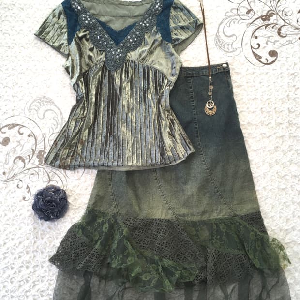 Set)오리엔탈 블라우스 + 페어리스커트 +벨트 + 머플러