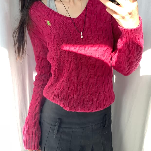 Polo 랄프로렌 코튼 마젠타핑크 케이블 브이넥 니트