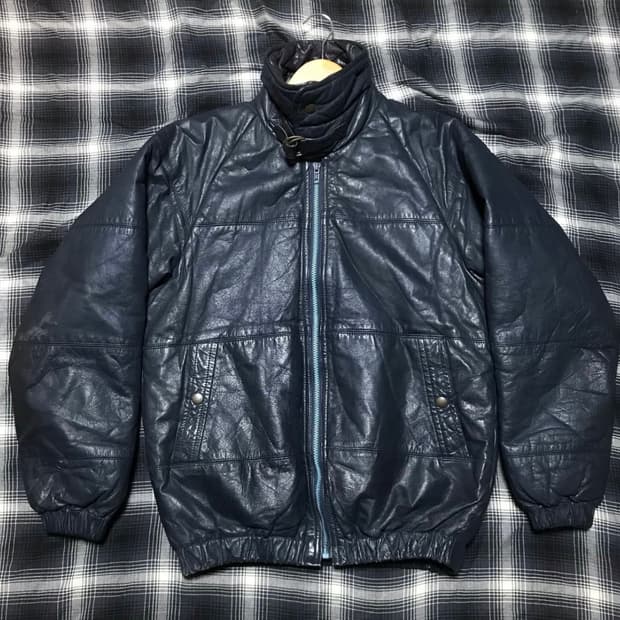 레어 - 재팬 빈티지 블루 블랙 리얼레더 소가죽 패딩
