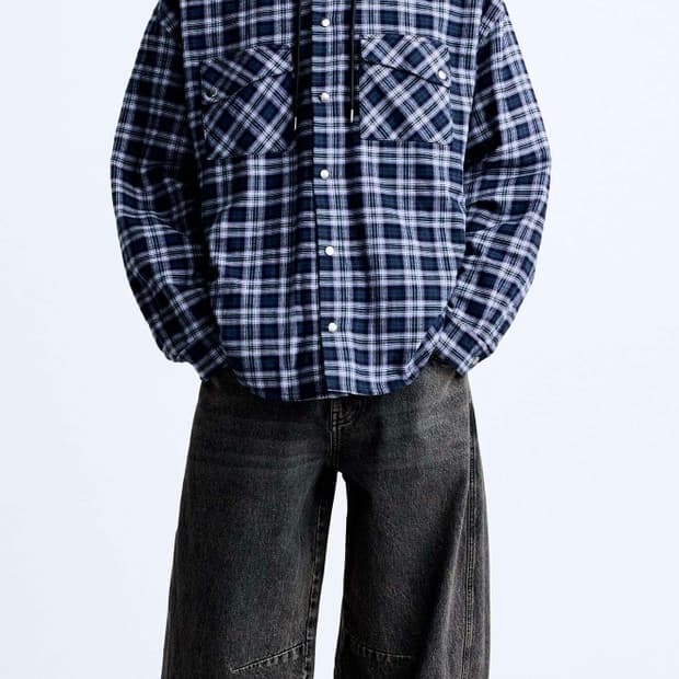 자라 후드 체크 오버 셔츠 M