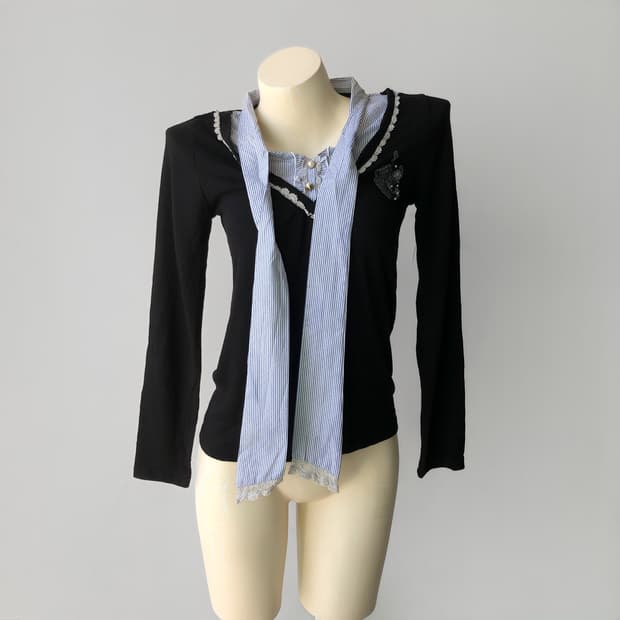 악시즈팜 레이어드 리본 셔츠 니트