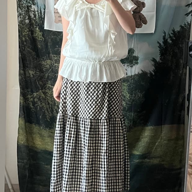frill ribbon blouse, gingham tiered long