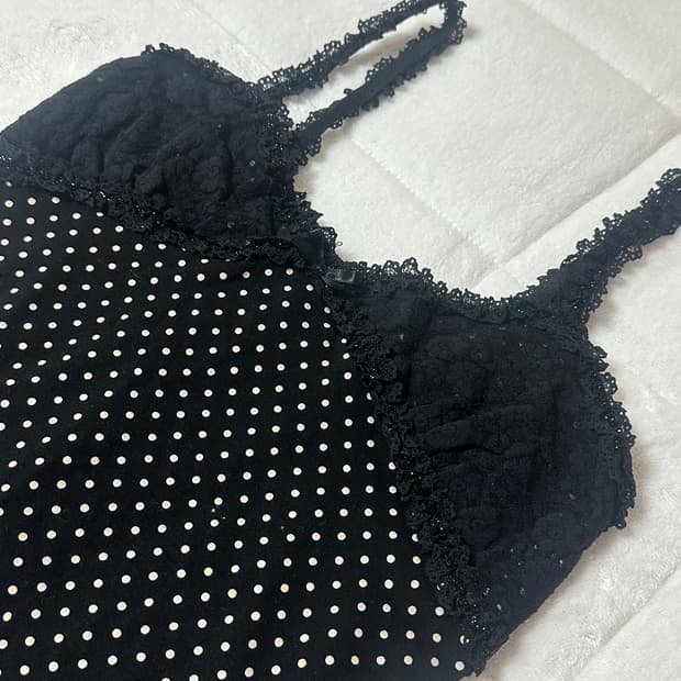 빈티지 블랙 도트 땡땡이 레이스 슬리브리스 나시 리즈리사 갸루 