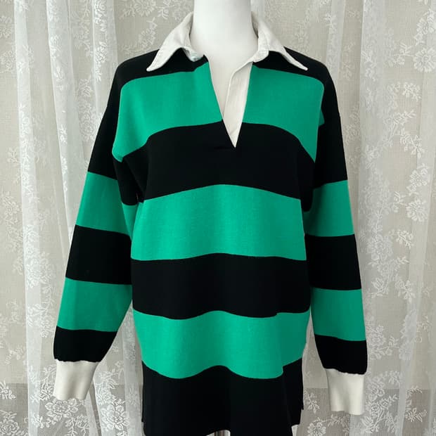 1) 산드로 스트라이프 카라 니트 그린