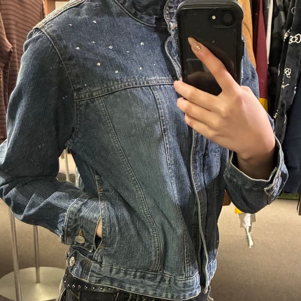 L)Avarice 빈티지 여성 비즈 디테일 데님 집업 자켓