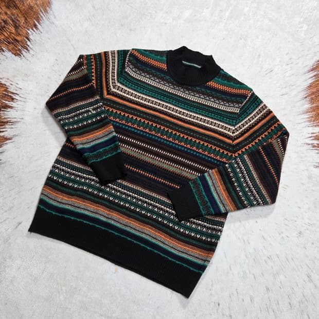 빈티지 오렌지 그린 에스닉 패턴 반폴라 니트