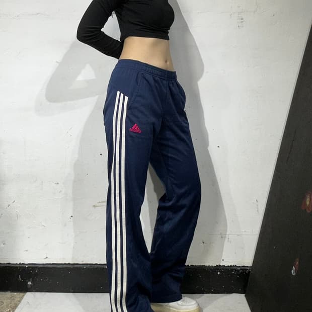 아디다스 네이비 핑크 와이드 트레이닝 팬츠 삼선 부츠컷 추리닝 바지 M
