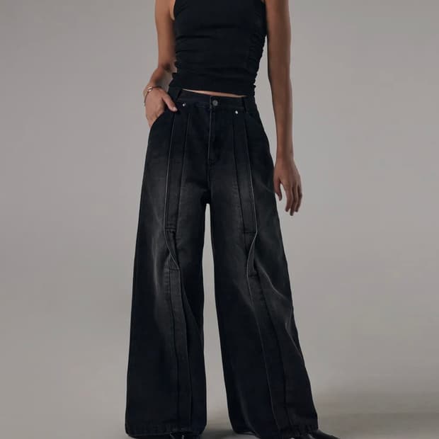 Twisted Wide Denim Set-up Pants (Black )