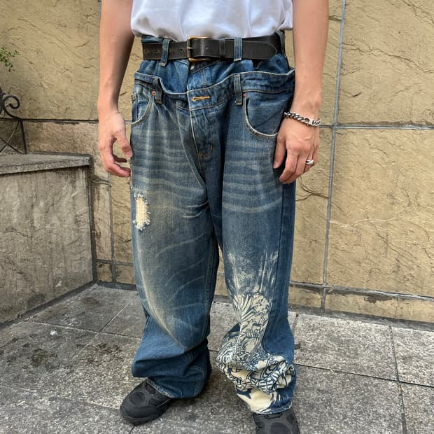 printing wide denim pants