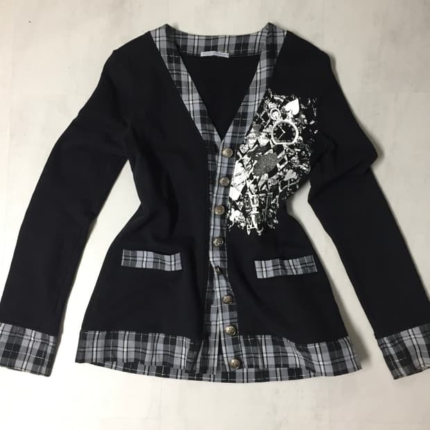 블랙 체크 배색 그래픽 단추 가디건