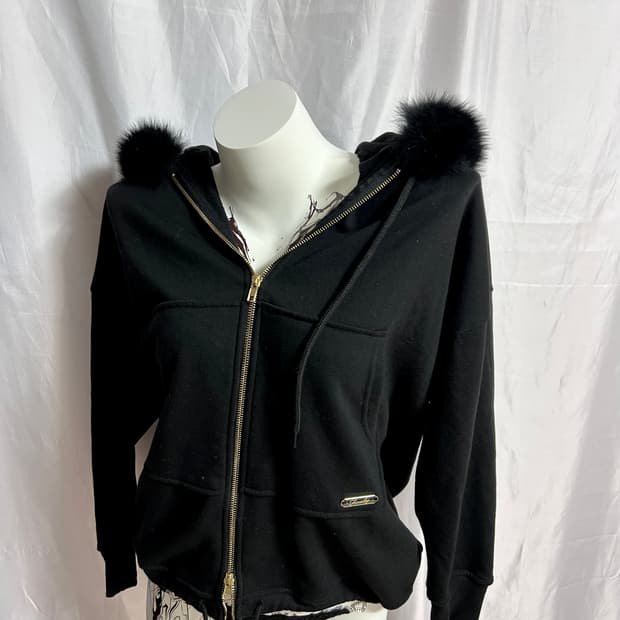 black fur gold two-way hood zip-up