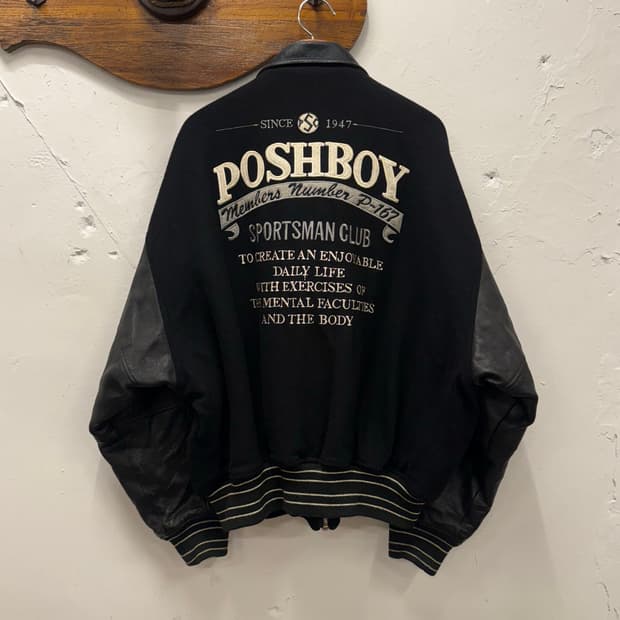 XL) POSHBOY Leather Arm Varsity Jacket