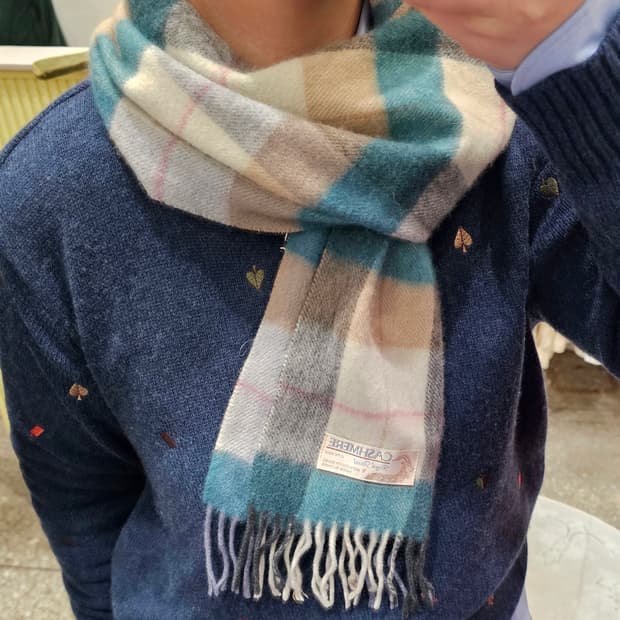 블루 베이지 체크 캐시미어 머플러