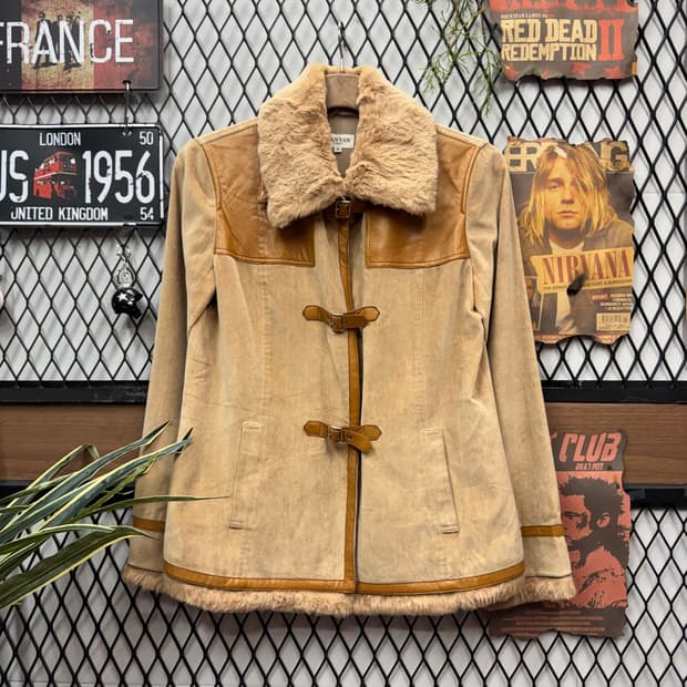 00s 랑방 스포츠 퍼카라 스웨이드 레더 자켓 전면 버클 포인트 브라운