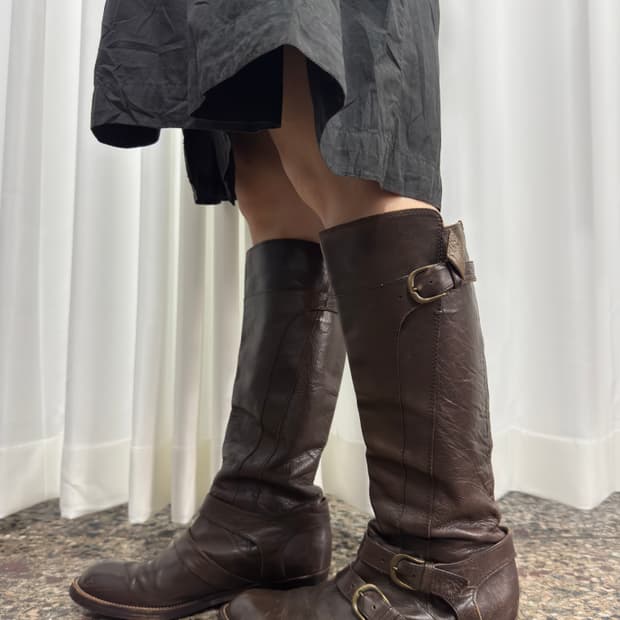 vibram brown buckle leather boots