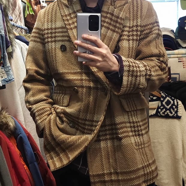 90s 폴로 랄프로렌 울코트 점보 하운드투스 패턴 더블 코트