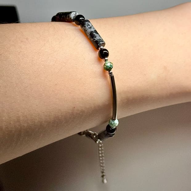 (핸드메이드) 천연석 오닉스 앤 터키석 유니크 체인 원석팔찌