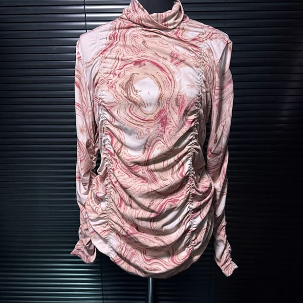 이상봉 에디션 쉬폰 셔링 긴팔 목폴라 반목 모크 핑크 타이다이 터틀넥 M