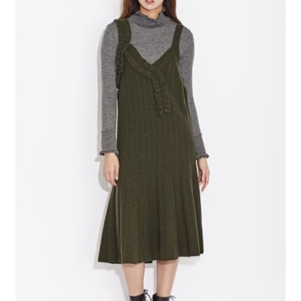 럭키슈에뜨 울 니트 프릴 롱원피스 F 카키