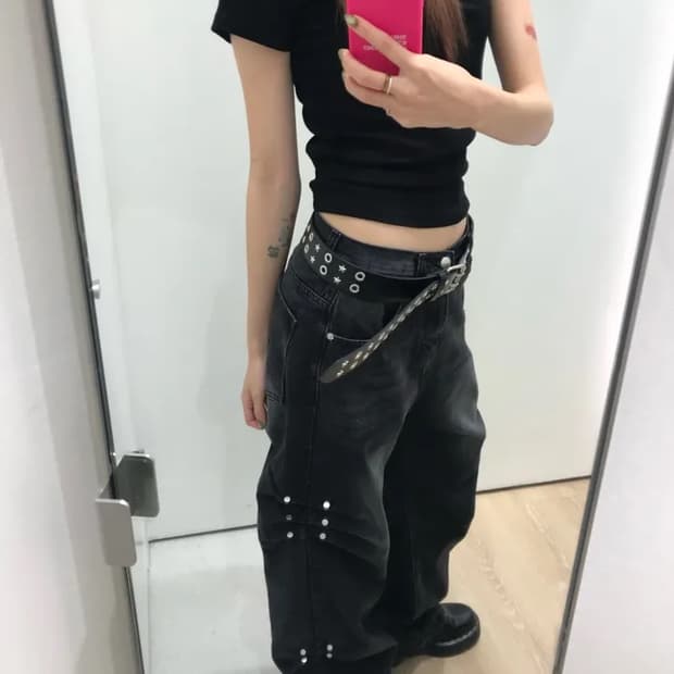 급처)갱갱샵 사이드 스터드 링클 데님 팬츠 바지 s 미스치프 보헤미안서울