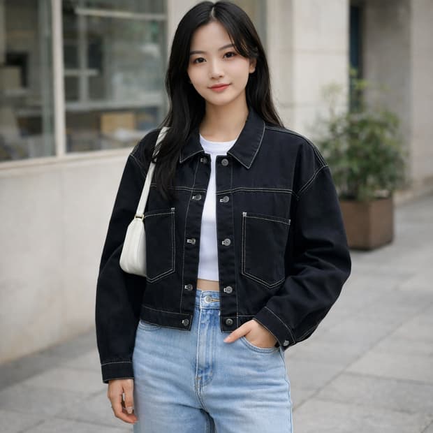 스파오(SPAO) 화이트 스티치 크롭 데님 자켓 블랙